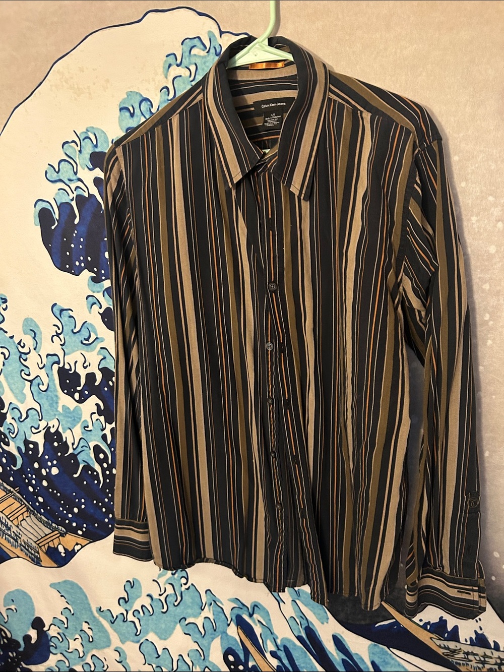 Calvin Klein Men’s Black and Tan Vertical Stripe Dress Shirt